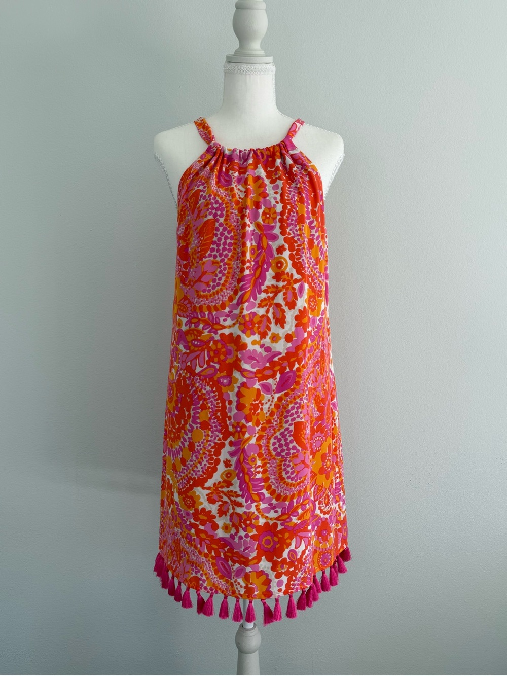 Trina Turk Rancho Silk Blend Pink & Orange Floral Halter Dress with Tassel Trim